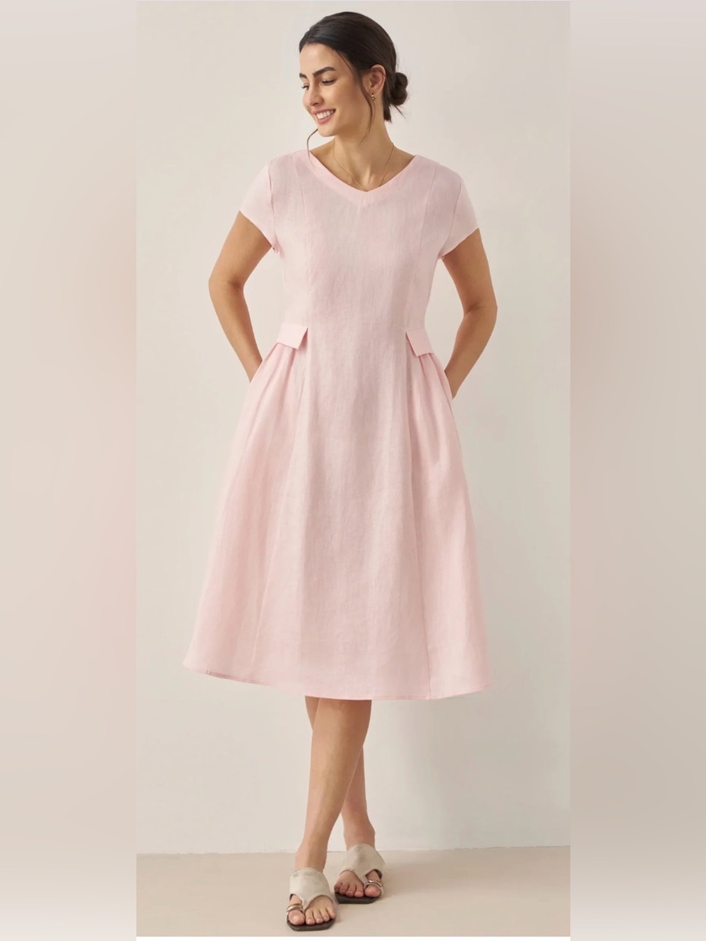 NWT Lintico Light Pink Cap Sleeves Midi linen Dress with waist tabs-XL